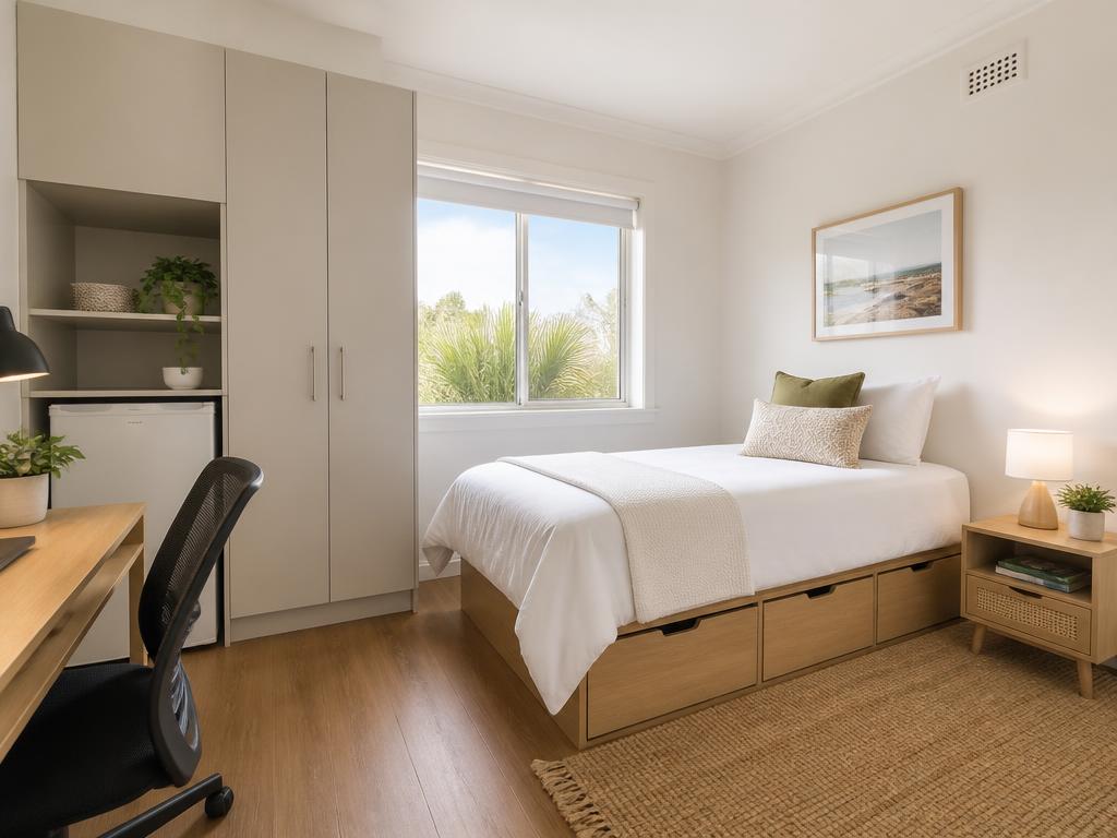 Furnished single room with storage bed, study desk, bar fridge and built-in cabinets