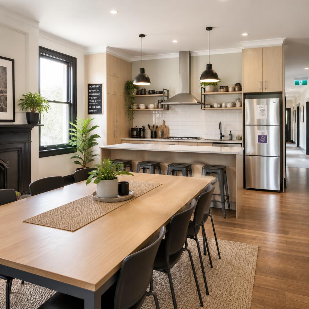 Modern shared kitchen and long dining table at Wattle Tree Lodge